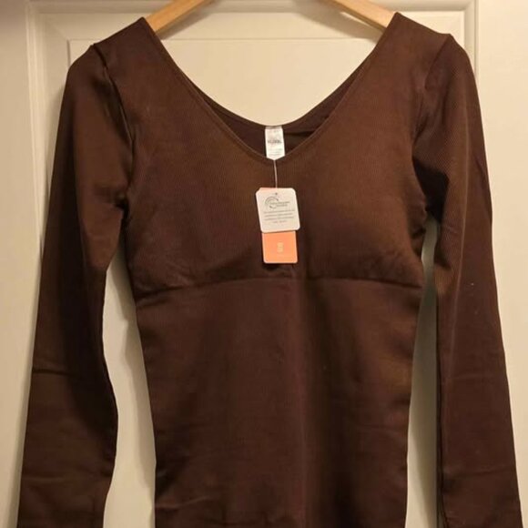 Brown Long Sleeve Ribbed Midi Dress - Picture 1 of 3